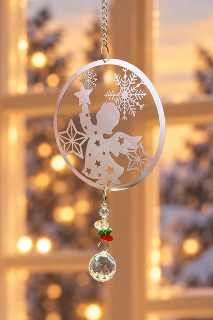 Deko Hänger Kreis 23cm mit Engel Edelstahl silber
