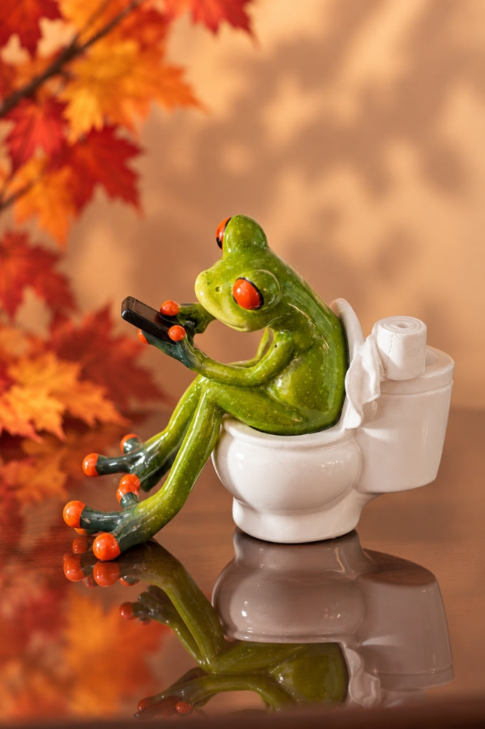 Deko Frosch Fridolin auf Toilette mit Handy hellgrün