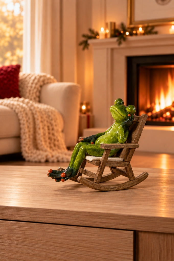 Deko Frosch Fridolin im Schaukelstuhl hellgrün