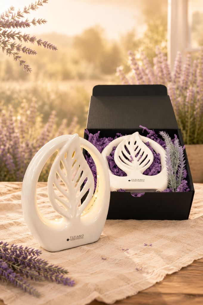 Geschenkbox LED Blatt Denia mit Lavendel