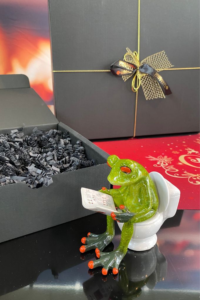 Geschenkbox Dekobox Frosch sitzend auf Toilette grün