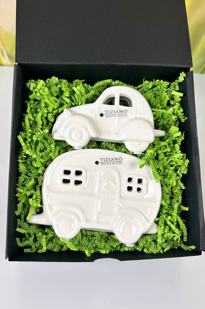 Geschenkbox S Deko Auto Milo+Wohnwagen Casina creme-weiß