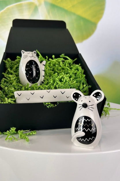 Geschenkbox Salz+Pfefferset Katze+Maus weiß-schwarz