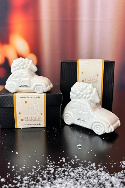 3er Set Auto Herbie mit Baum creme-weiß in Geschenkkartons