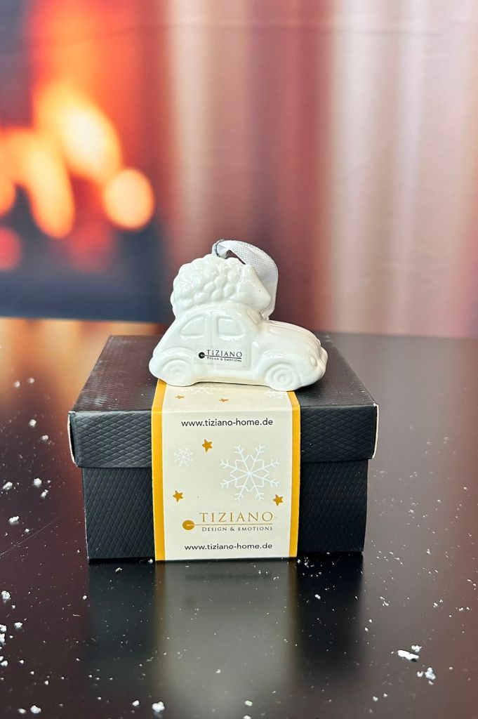 3er Set Auto Herbie mit Baum creme-weiß in Geschenkkartons