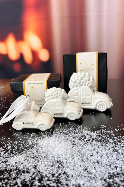 3er Set Auto Herbie mit Baum creme-weiß in Geschenkkartons