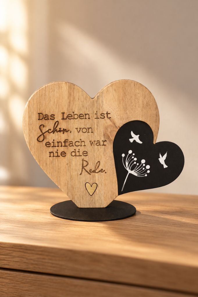Deko Holzherz auf Metallbase mit Schrift Das Leben ist...