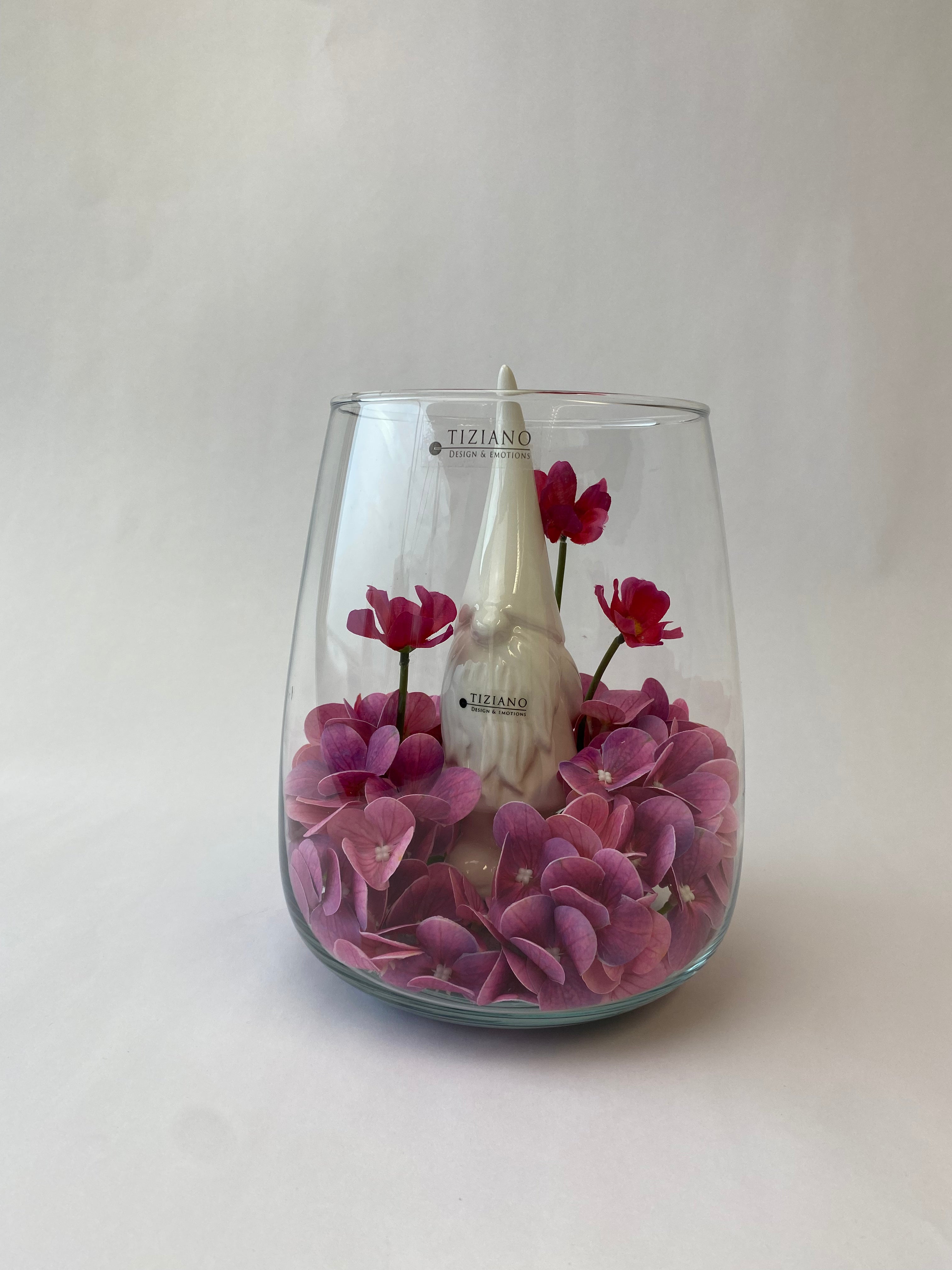 Dekoset Glasvase Collina klar+Zwerg Geraldo mit Mütze rosa