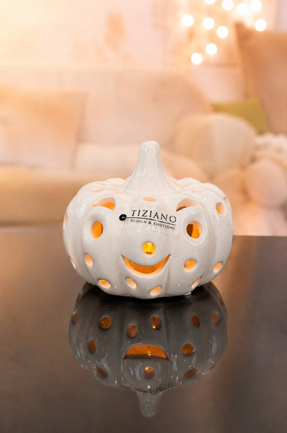 J18 Deko Teelicht Kürbis Diego 10cm creme-weiß