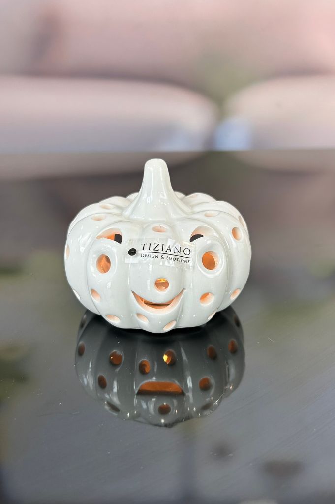 J18 Deko Teelicht Kürbis Diego 10cm creme-weiß