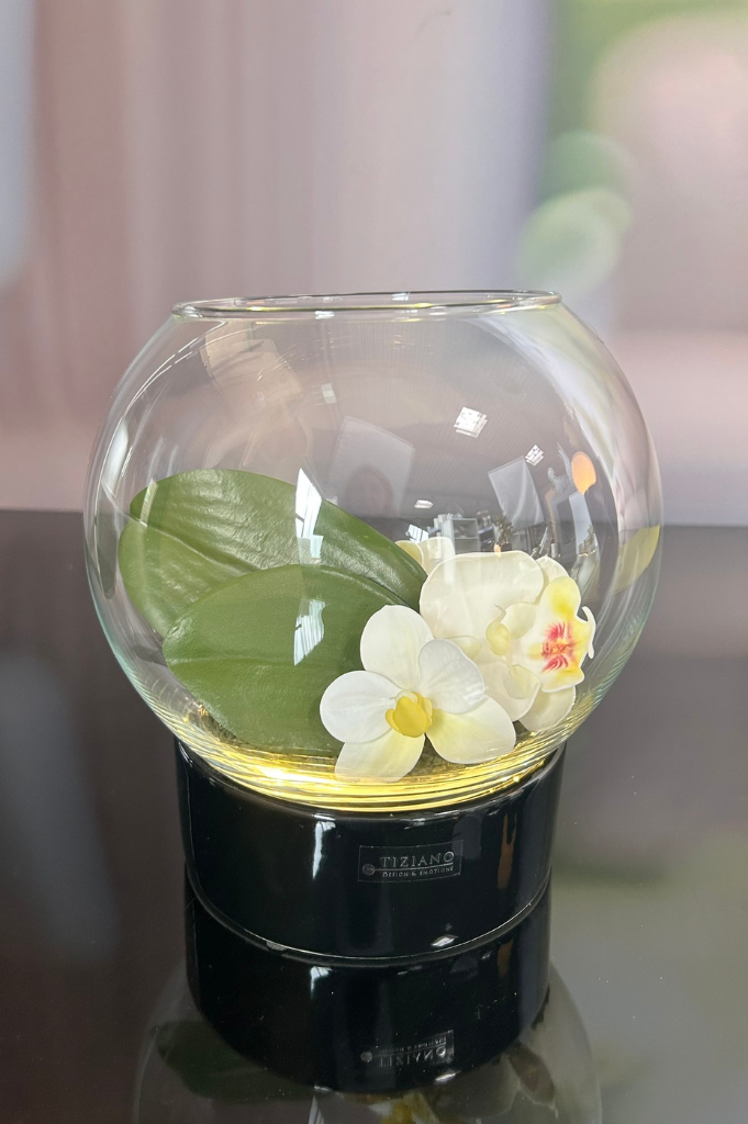 Dekoset LED Windlicht Ovaro schwarz mit Orchideendeko