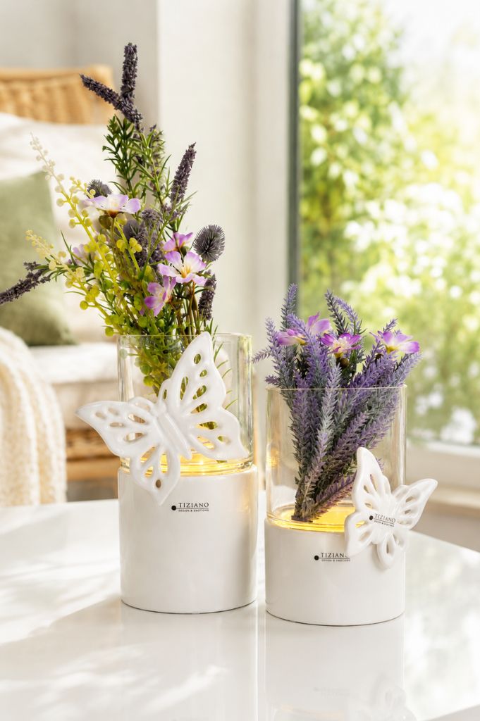 Windlicht Laterna LED mit Lavendel + Schmetterling Marilin