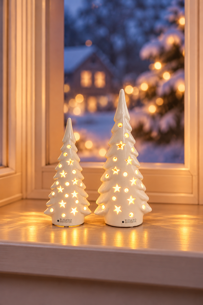 2er Set Dekobaum Trissino LED 40+48cm creme-weiß