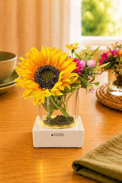 Dekoset Tischlicht Mantova LED mit Sonnenblumen+Blumen