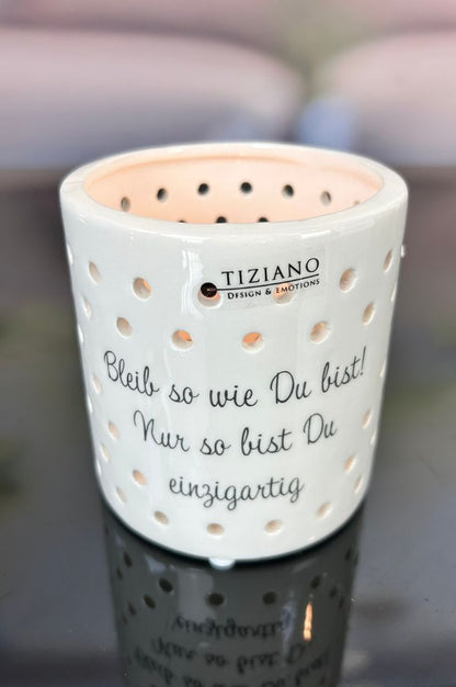 J2 Tischlicht Mazano 10cm mit Schrift creme-weiß