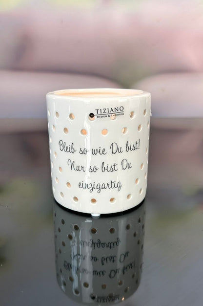 J2 Tischlicht Mazano 10cm mit Schrift creme-weiß