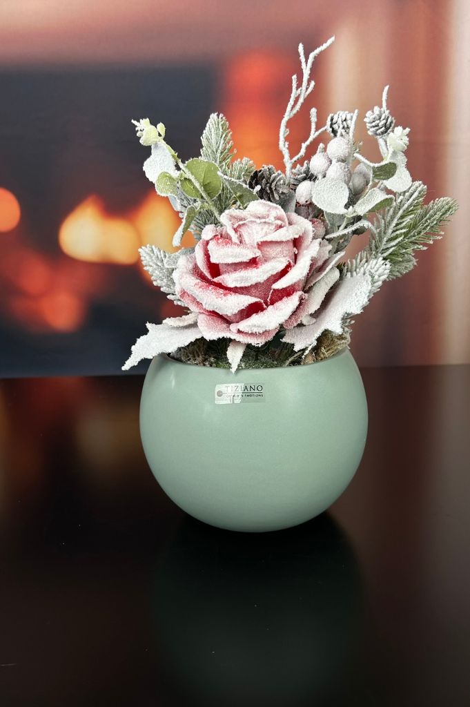 Deko Rose mit Tannenzweig im Jutesack 30cm rosa