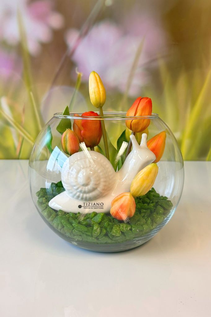 Dekoset Kugelglas Ovaro klar mit Schnecke Berta creme-weiß
