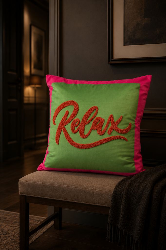 Deko Samtkissen beflockt 45cm mit Botschaft Relax