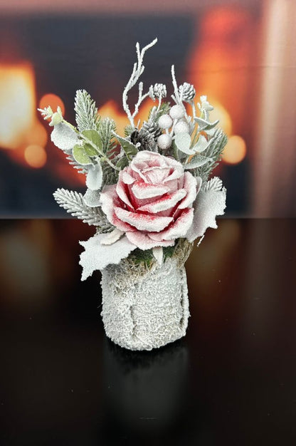 Deko Rose mit Tannenzweig im Jutesack 30cm rosa