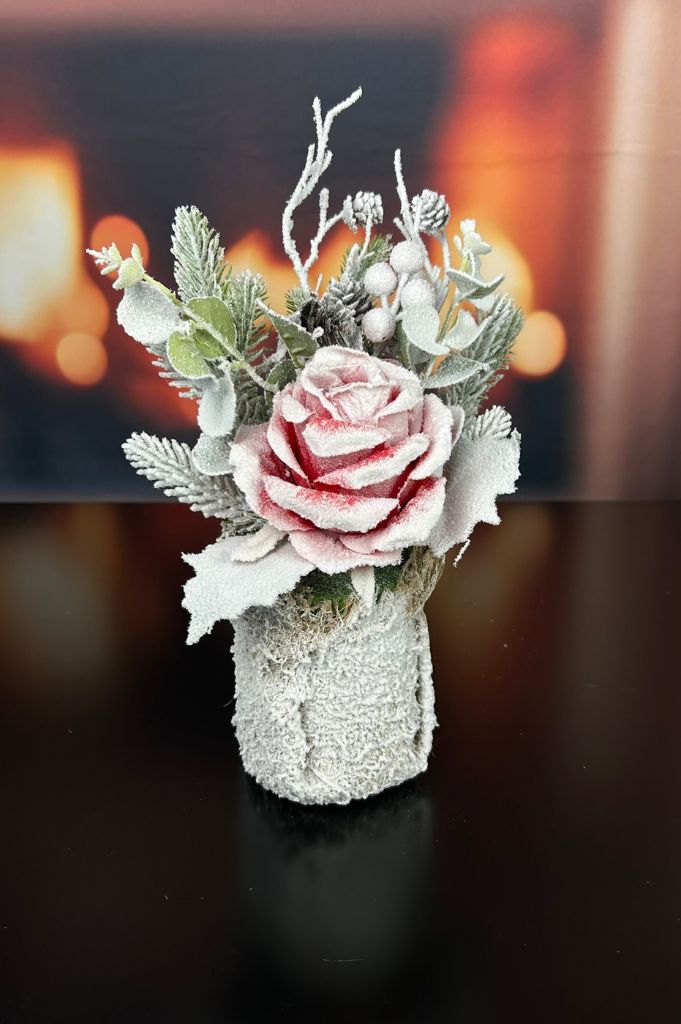 Deko Rose mit Tannenzweig im Jutesack 30cm rosa