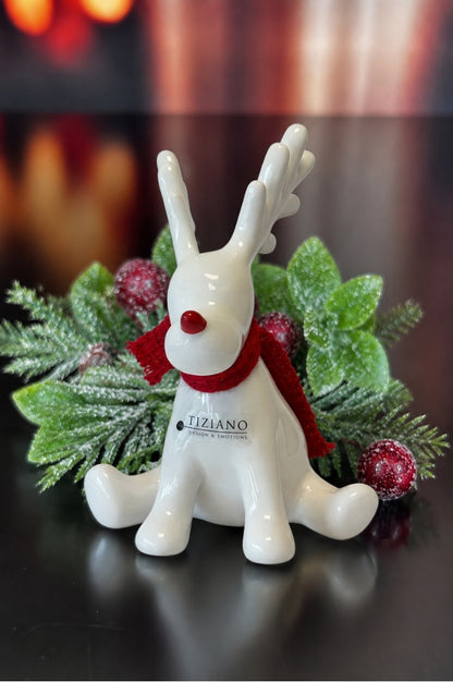 Deko Rentier Rudolph sitzend mit roter Nase+Schal