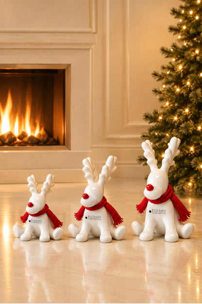 Deko Rentier Rudolph sitzend mit roter Nase+Schal