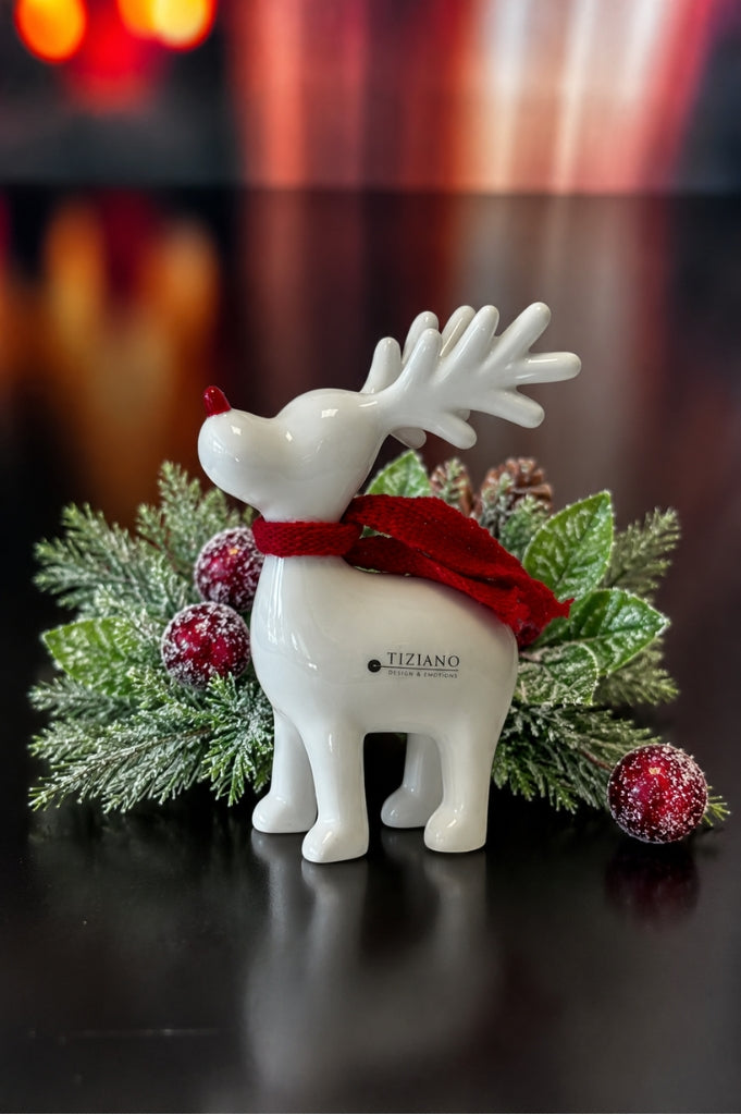 Deko Rentier Rudolph stehend mit roter Nase+Schal