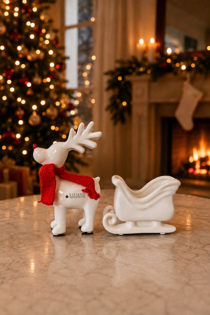 Deko Rentier Rudolph mit Schlitten+Band 26cm creme-weiß