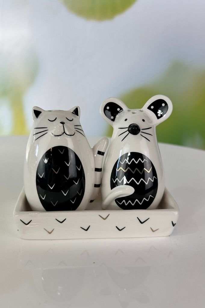 Geschenkbox Salz+Pfefferset Katze+Maus weiß-schwarz