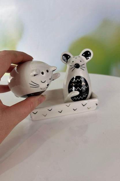 Geschenkbox Salz+Pfefferset Katze+Maus weiß-schwarz