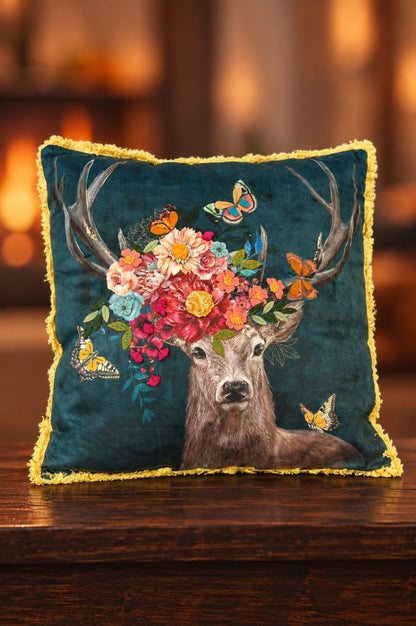 Deko Samtkissen bestickt mit Hrischmotiv 45x45cm