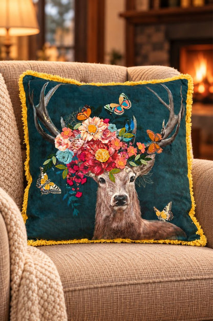 Deko Samtkissen bestickt mit Hrischmotiv 45x45cm