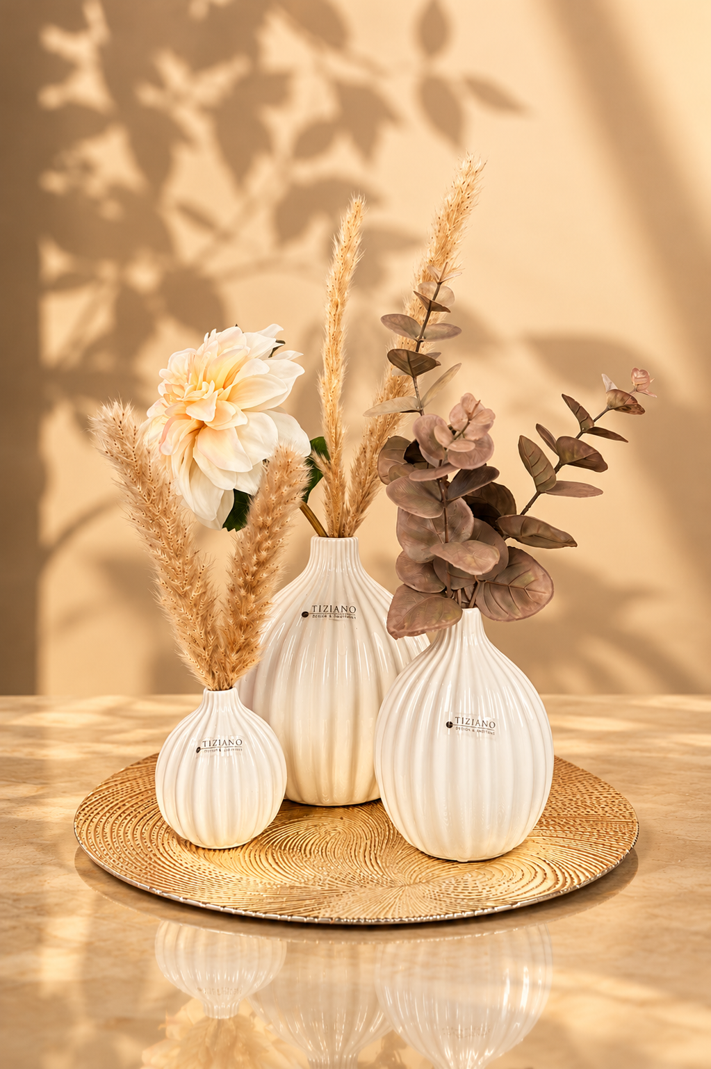 Dekoset Teller Wave gold mit Vasen Prisma