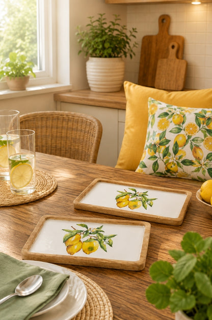 Teller eckig Mango-Holz mit Zitronendekor