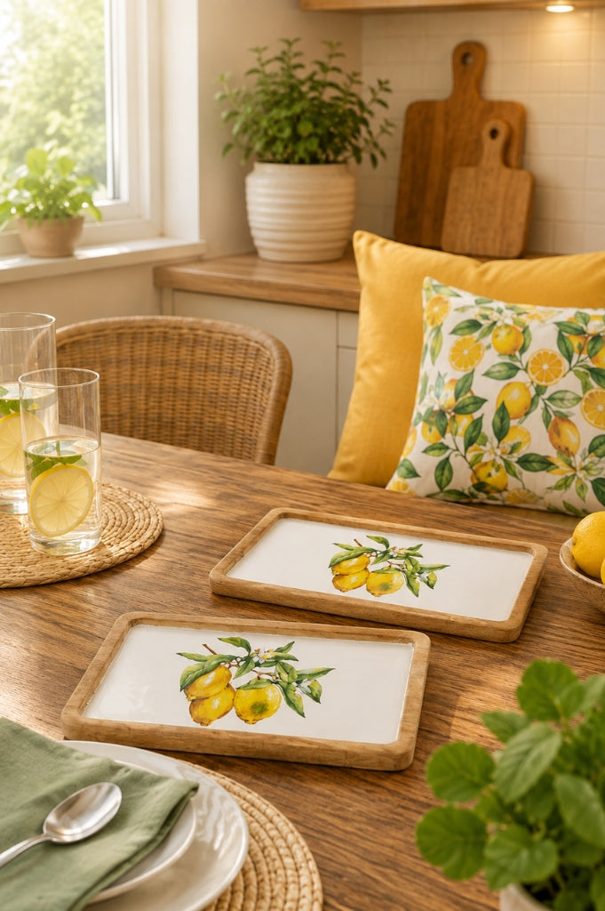 Teller eckig Mango-Holz mit Zitronendekor