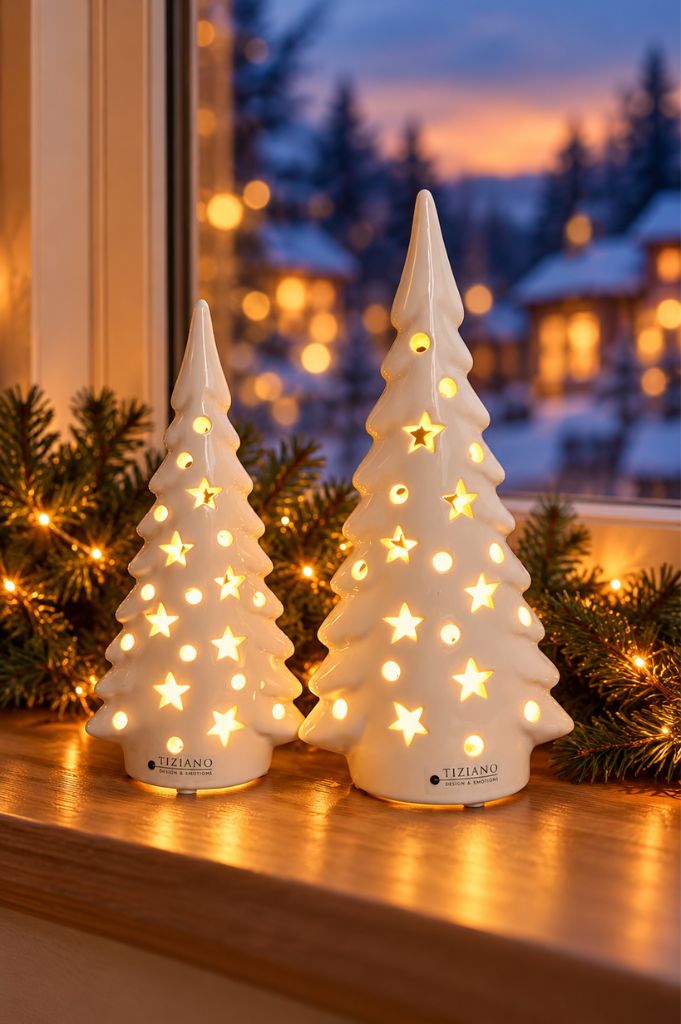 2er Set Dekobaum Trissino LED 40+48cm creme-weiß