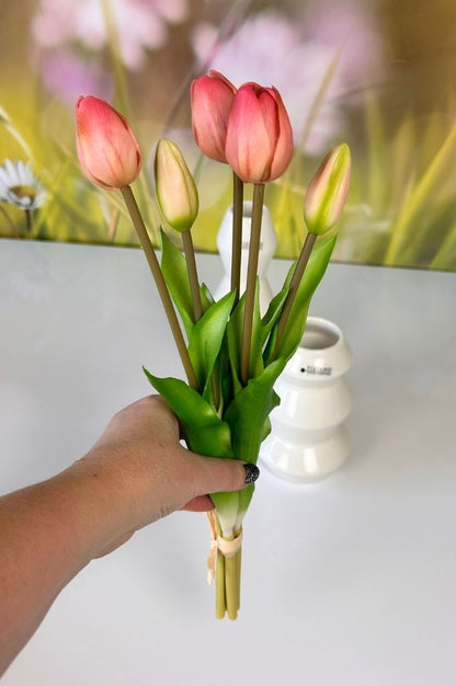 Deko 5er Tulpenbund mit Blatt 34cm pink