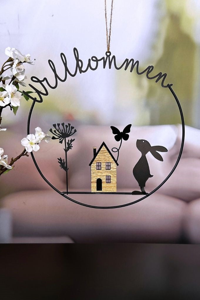 Metallhänger Hase mit Haus - Willkommen