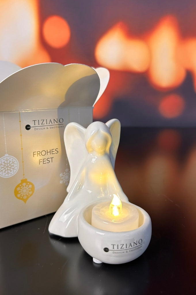 Würfelbox Deko Engel Grazia sitzend mit Licht creme-weiß