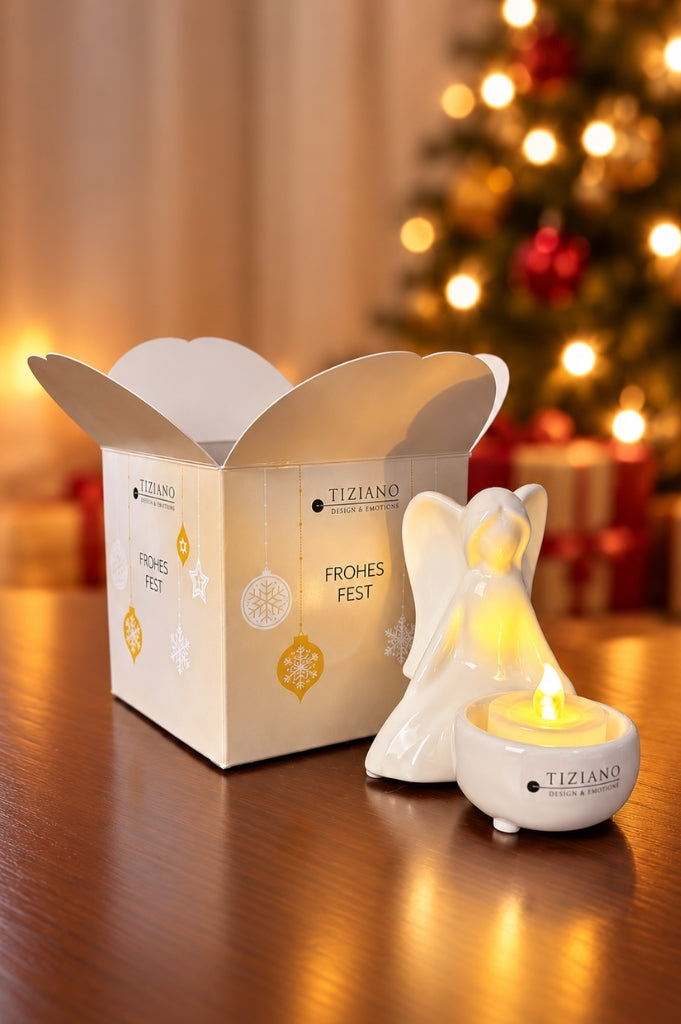 Würfelbox Deko Engel Grazia sitzend mit Licht creme-weiß
