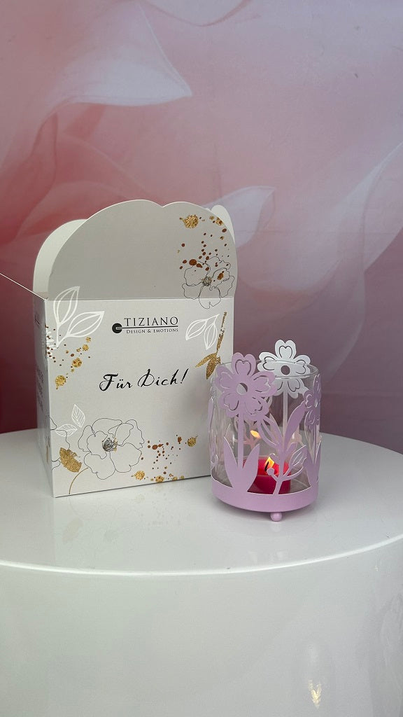 Würfelbox Für Dich mit Glasteelicht Blumen rosa
