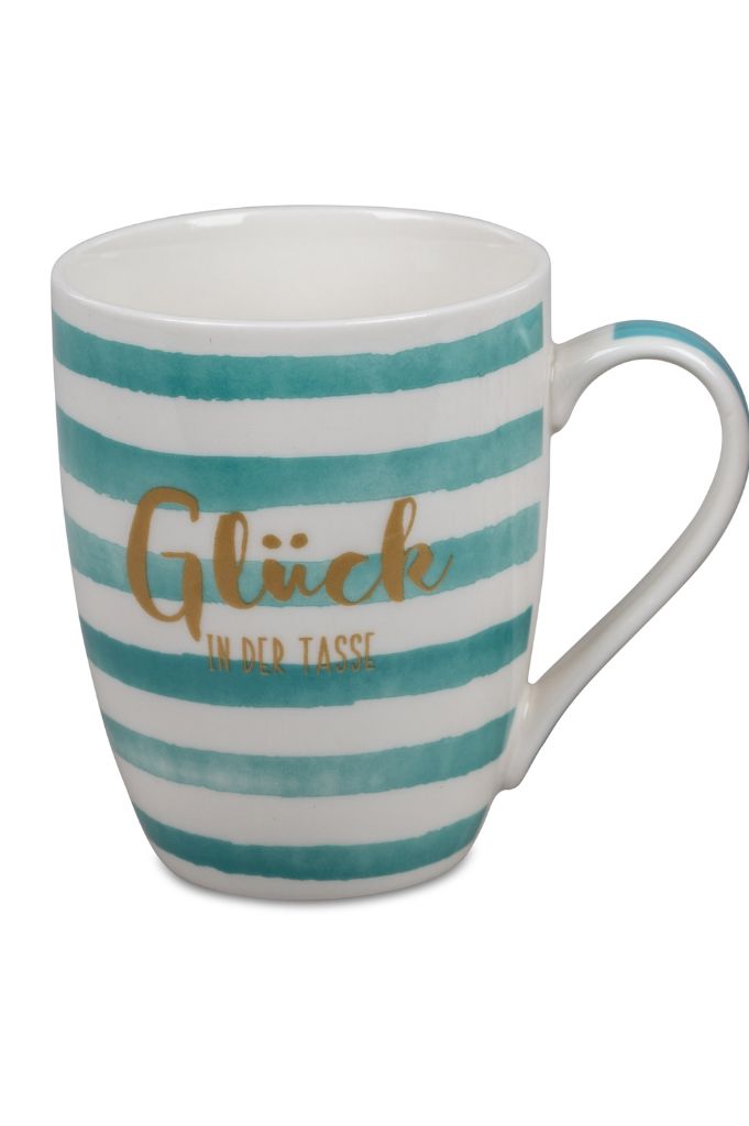 Trinkbecher mit Schrift Glück 345 ml blaue Streifen