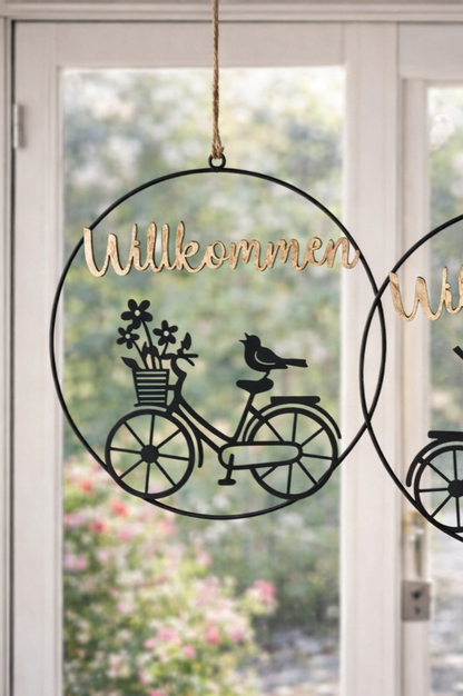 Metallhänger Willkommen mit Fahrrad und Vögelchen