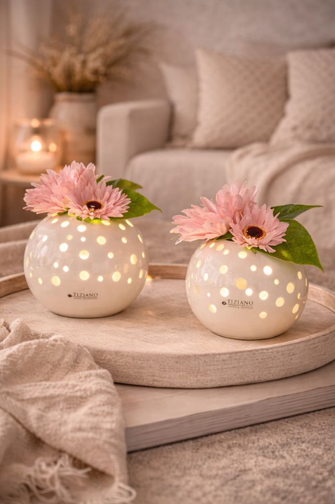 Lichtkugel Padova LED mit Gerbera rosa dekoriert