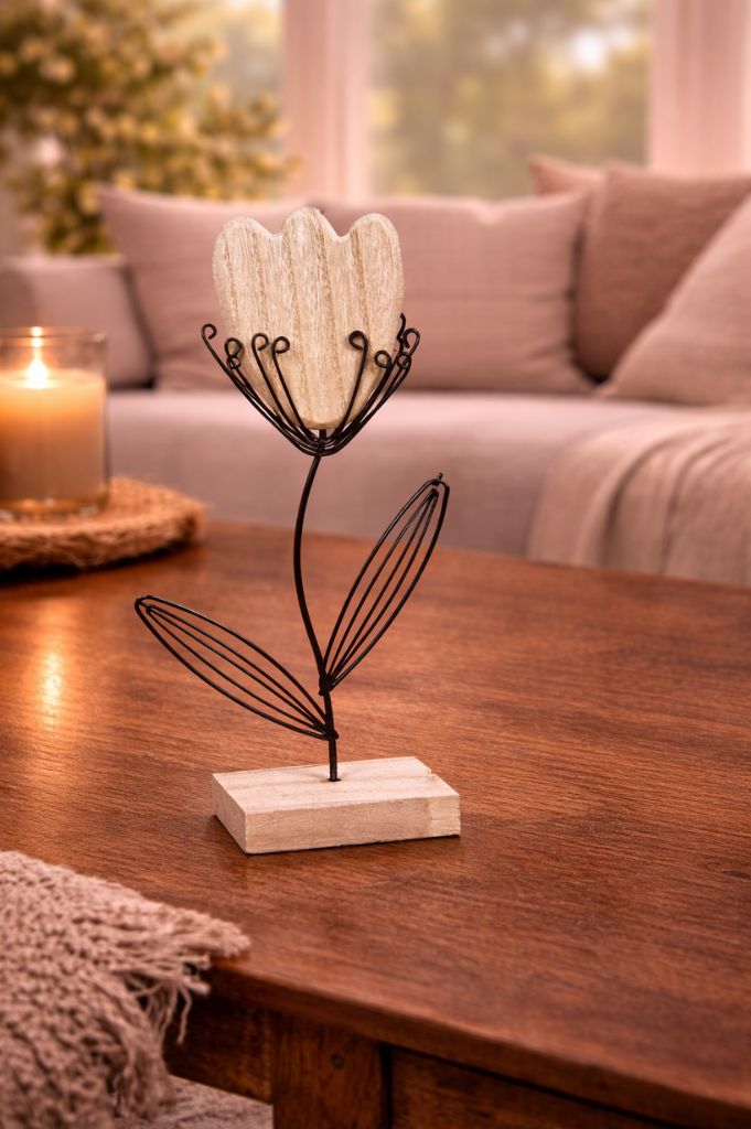 Metallständer mit Holzblume 41,5cm natur/schwarz