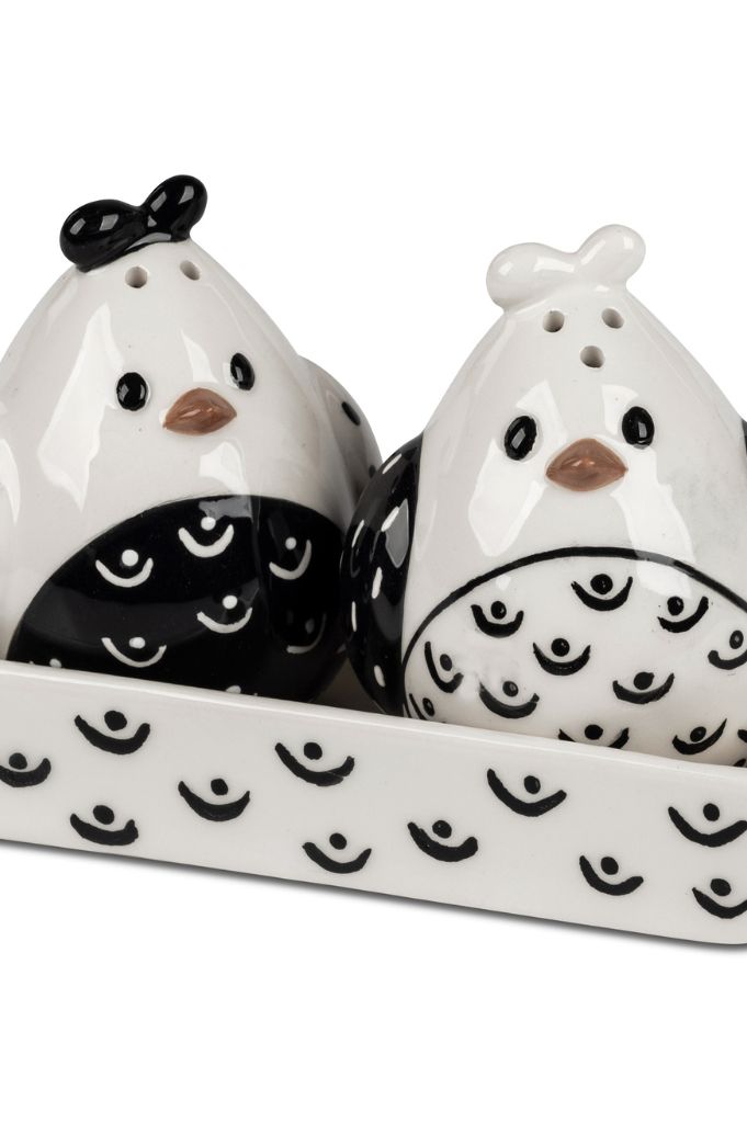 Deko Salz+Pfefferset Hühner schwarz-weiß