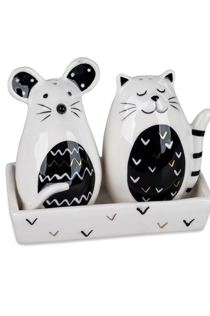 Deko Salz+Pfefferset Katze+Maus schwarz-weiß