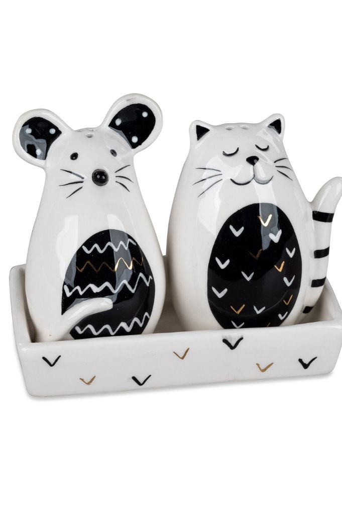 Deko Salz+Pfefferset Katze+Maus schwarz-weiß