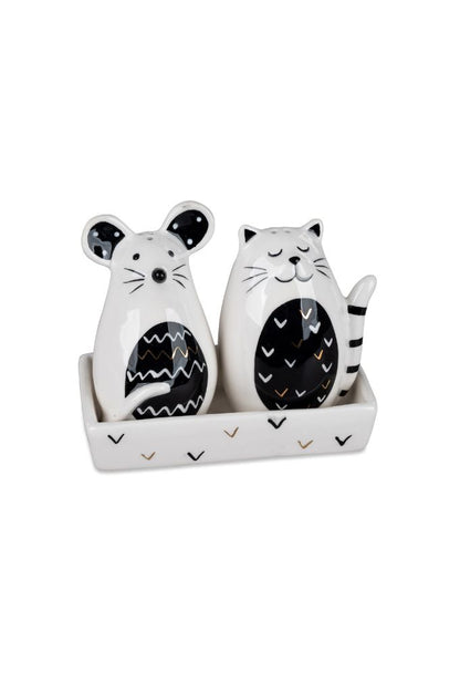 Deko Salz+Pfefferset Katze+Maus schwarz-weiß